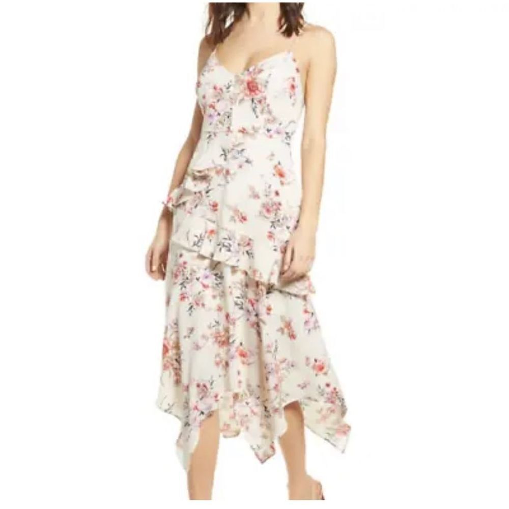 ROW A Women's Floral Chiffon Side Ruffle V Neck Sleeveless Lined Maxi Dress Sz L